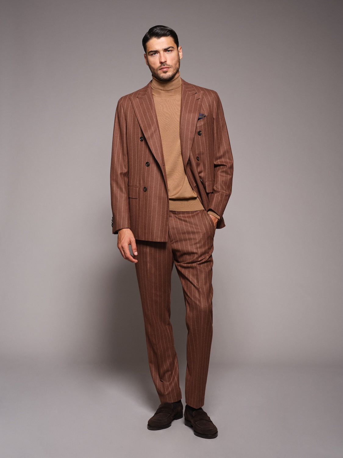 Aida double-breasted suit in brown chalk-stripe wool flannel