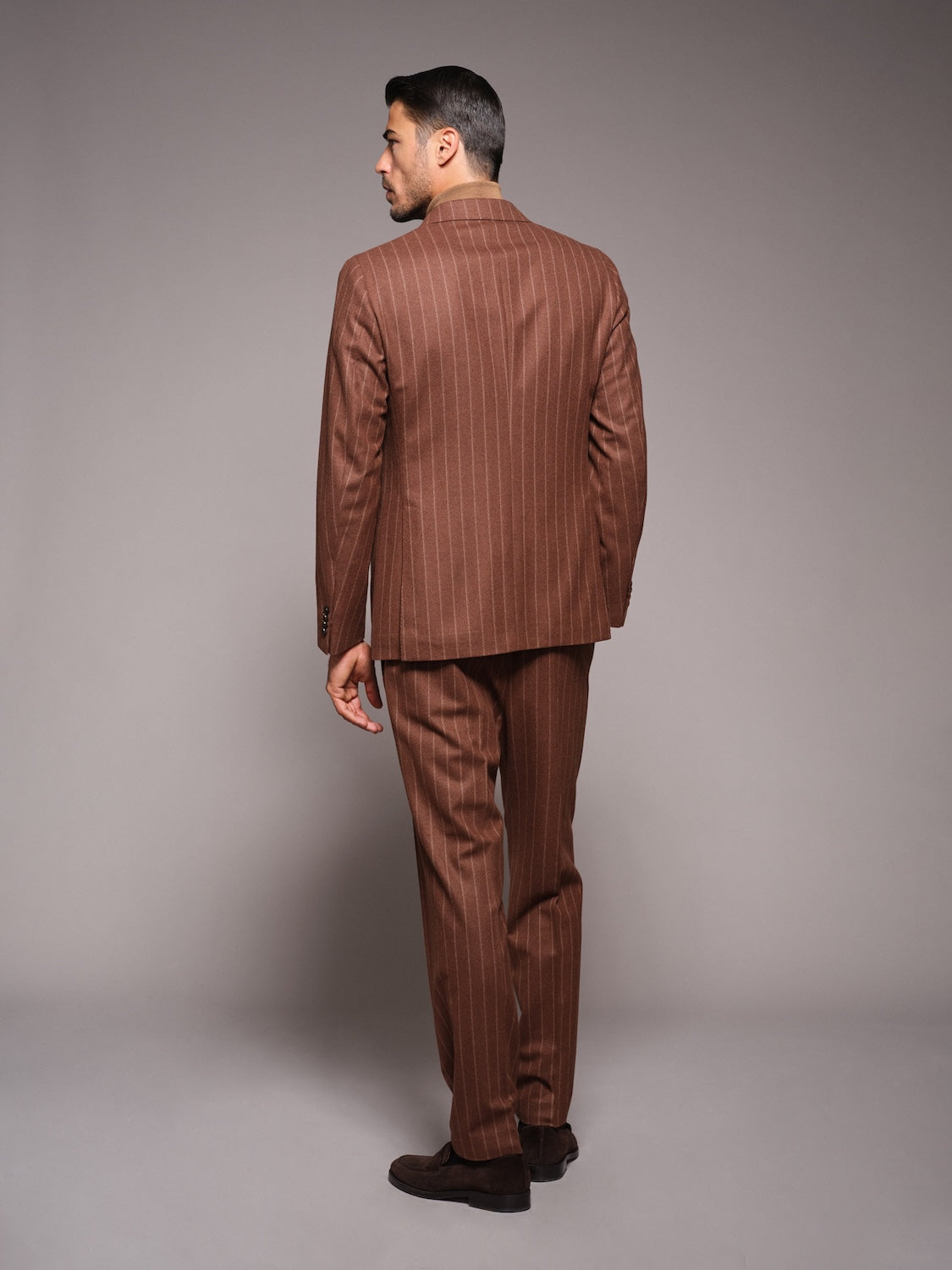 Aida double-breasted suit in brown chalk-stripe wool flannel