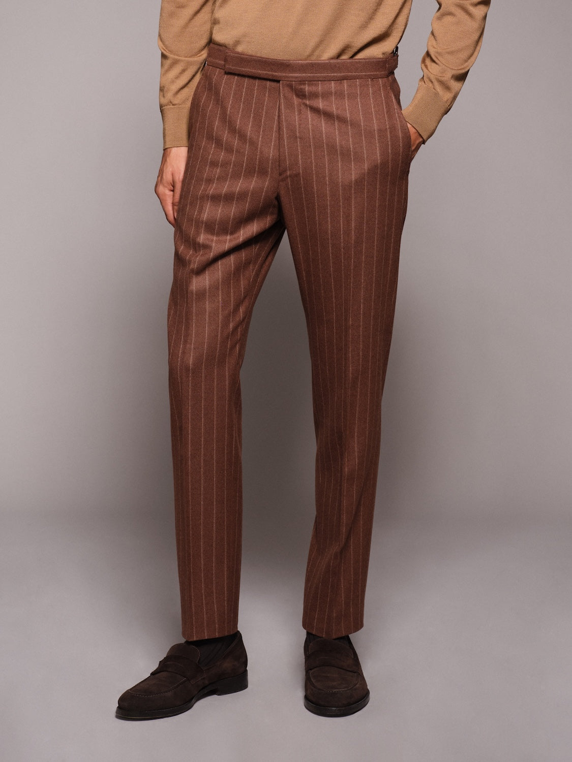 Aida double-breasted suit in brown chalk-stripe wool flannel