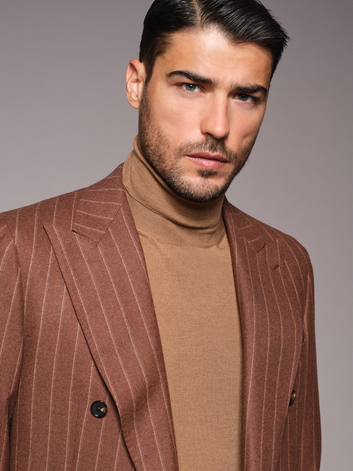 Aida double-breasted suit in brown chalk-stripe wool flannel