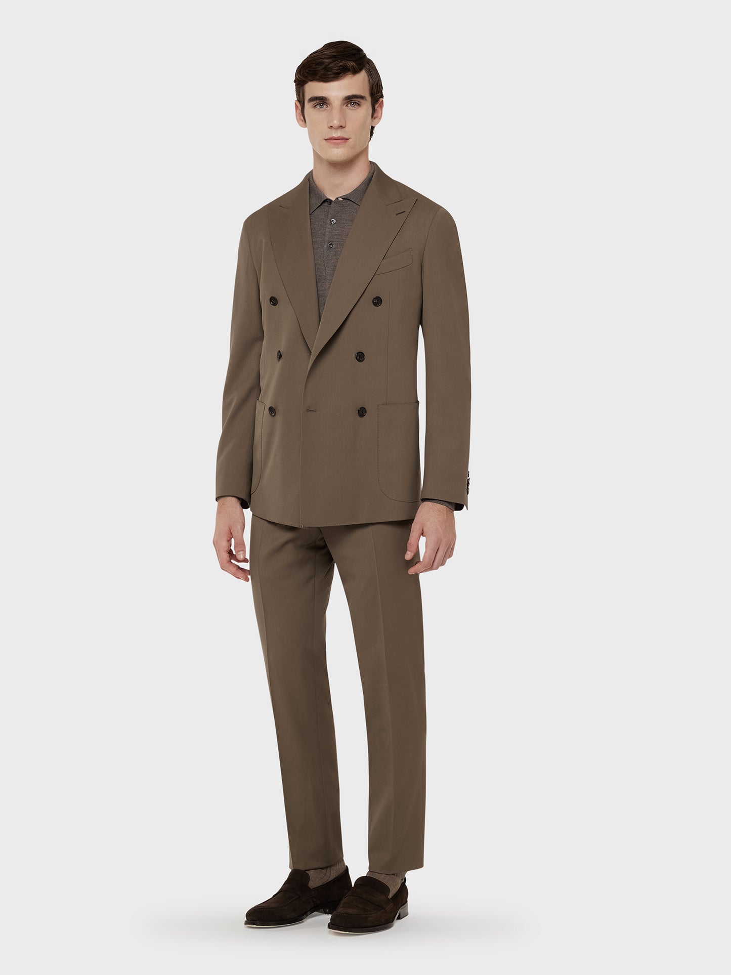 Caruso Menswear Abbigliamento Abito da Uomo Sartoriale Abito aida doppiopetto in lana tecnica marrone drop 7R total look