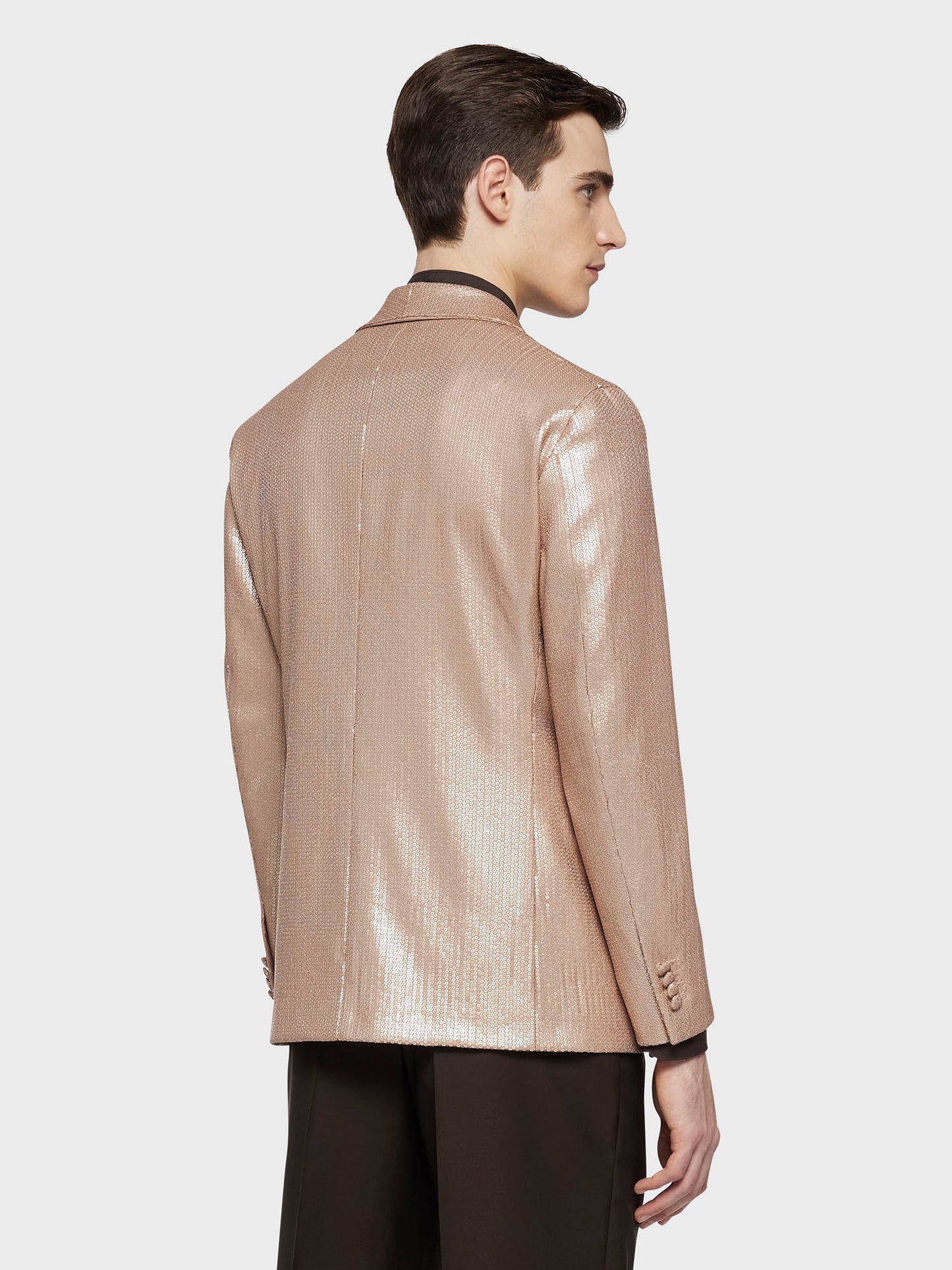 Caruso Menswear Abbigliamento Uomo Giacca aida in lana tecnica con paillettes rosa indossato back