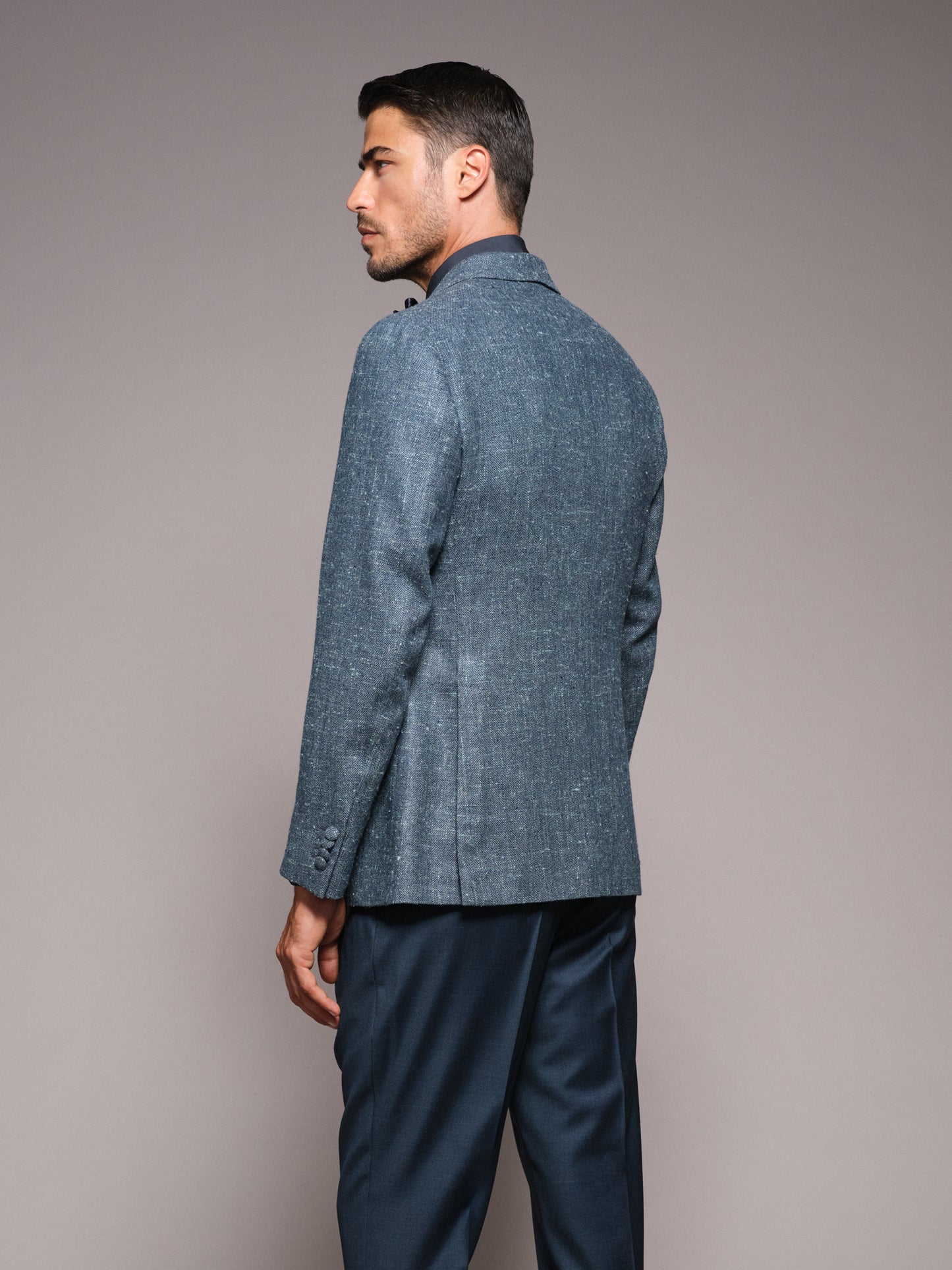 Aida single-breasted jacket in blue silk, wool and cashmere