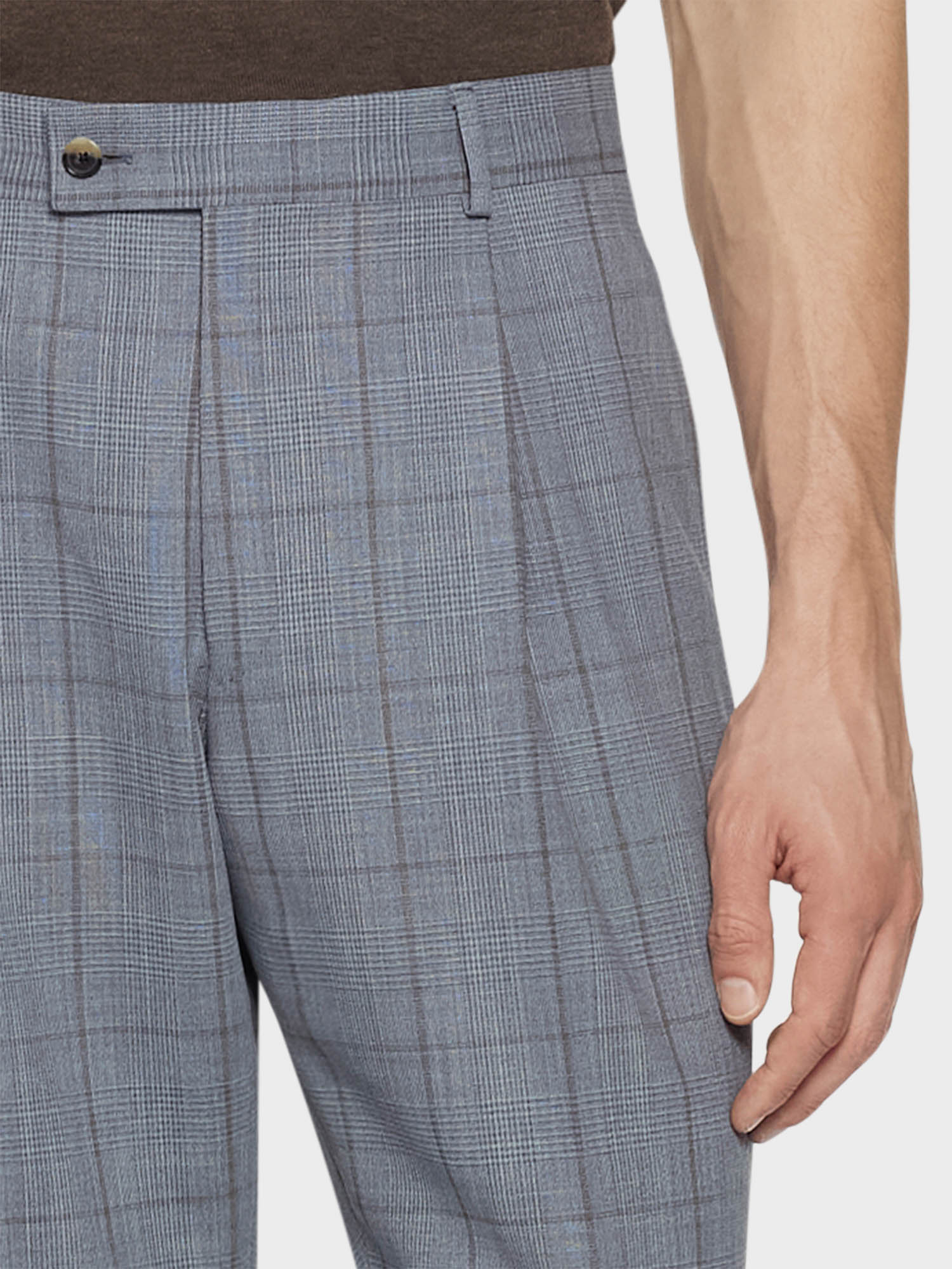 Caruso Menswear Abbigliamento Uomo Pantaloni Pantalone carrot-fit in lana zelander twist glen check azzurro look 4
