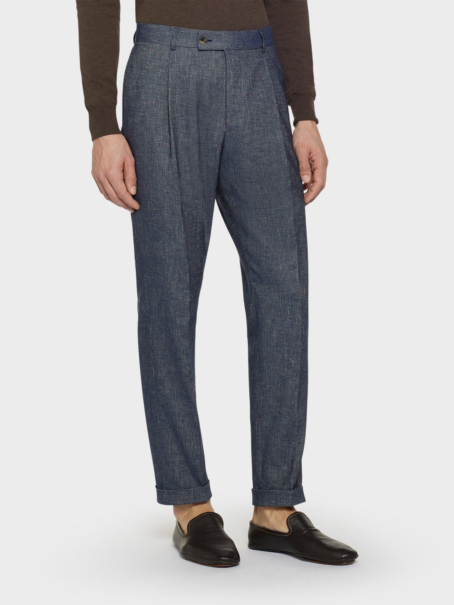 Caruso Menswear Abbigliamento Uomo Pantaloni Pantalone carrot-fit in lino e cotone blu denim look 1