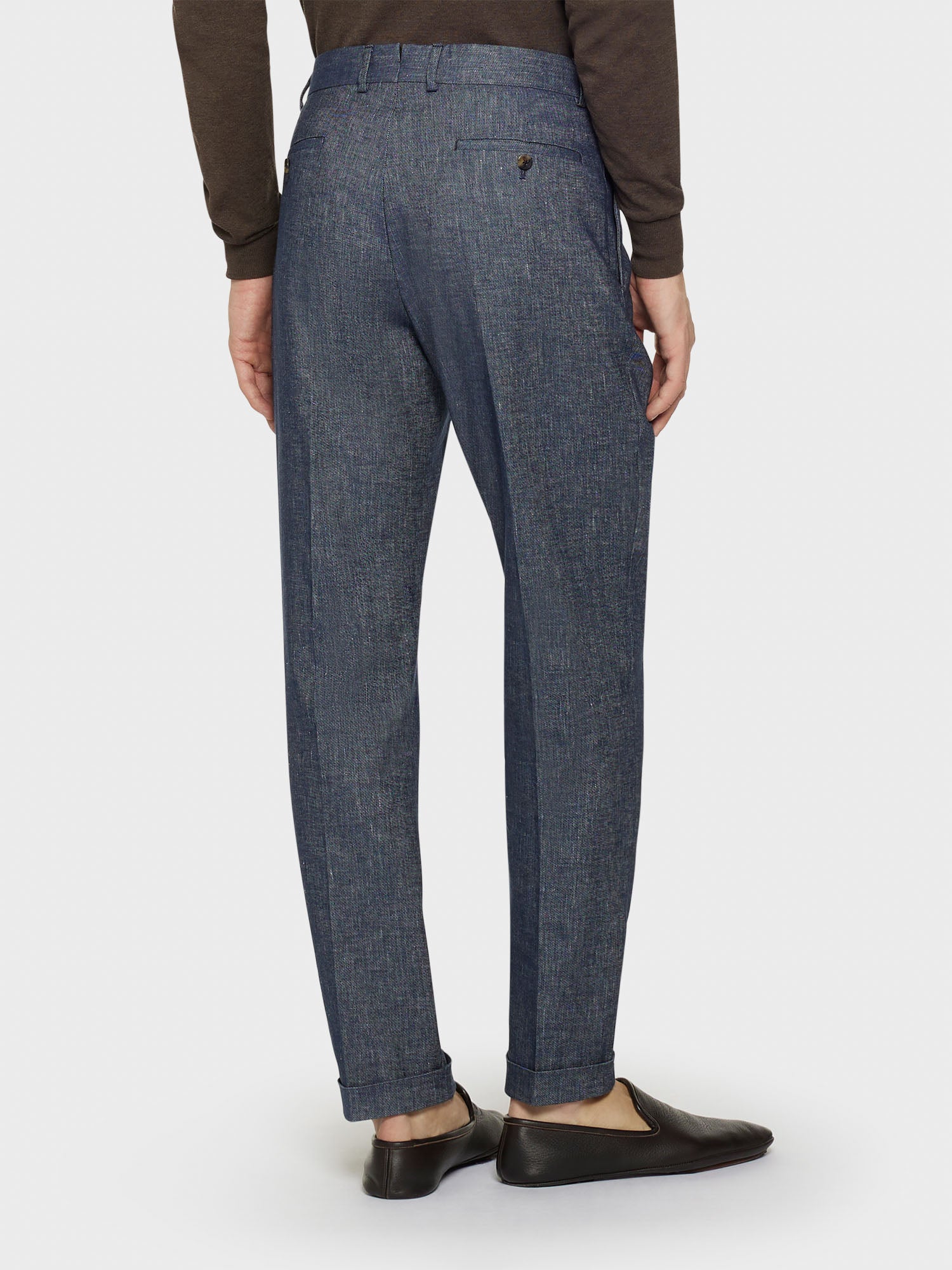 Caruso Menswear Abbigliamento Uomo Pantaloni Pantalone carrot-fit in lino e cotone blu denim look 4