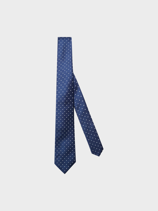 Caruso Menswear Abbigliamento Uomo Accessori Cravatta classica sette pieghe in seta jacquard blu con pois bianchi look 1