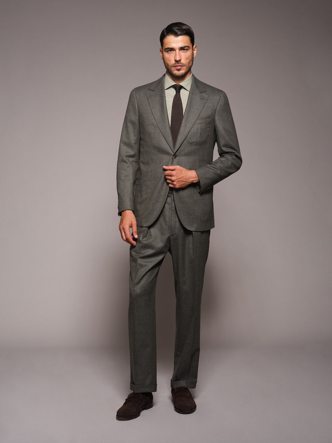 Caruso single-breasted jacket in green wool flannel
