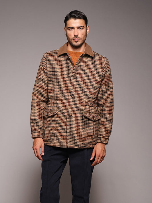 Dalila padded jacket in brown houndstooth wool