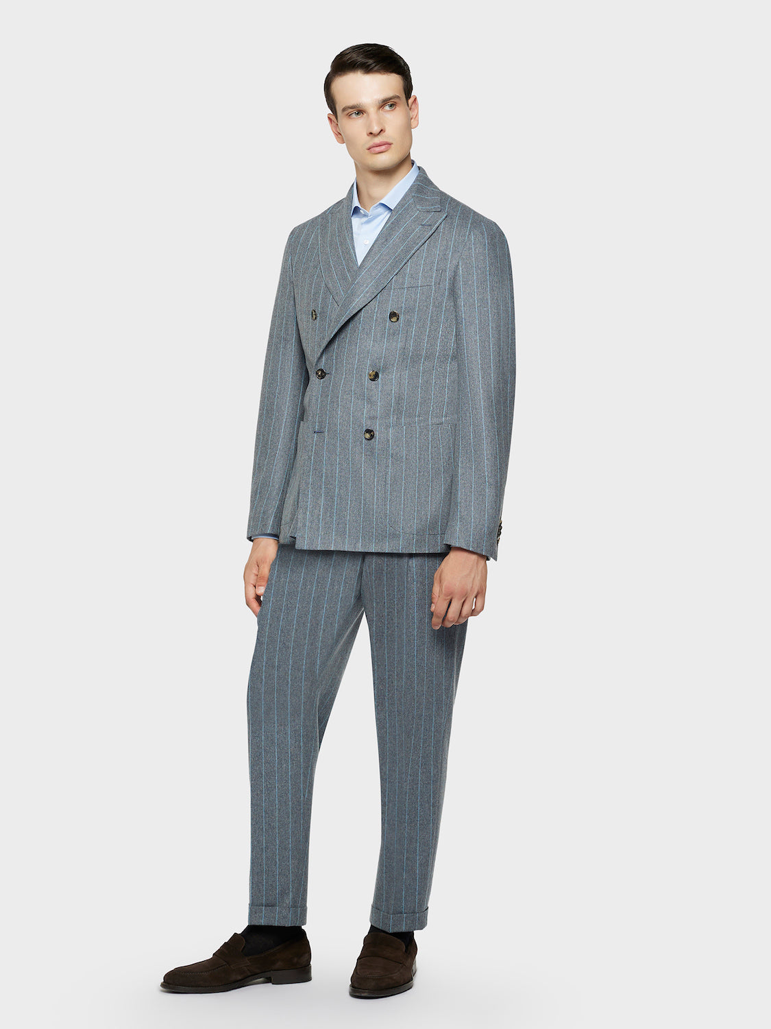 Caruso Menswear Abbigliamento Uomo Giacche Giacca butterfly doppiopetto gessata in lana grigia look 1