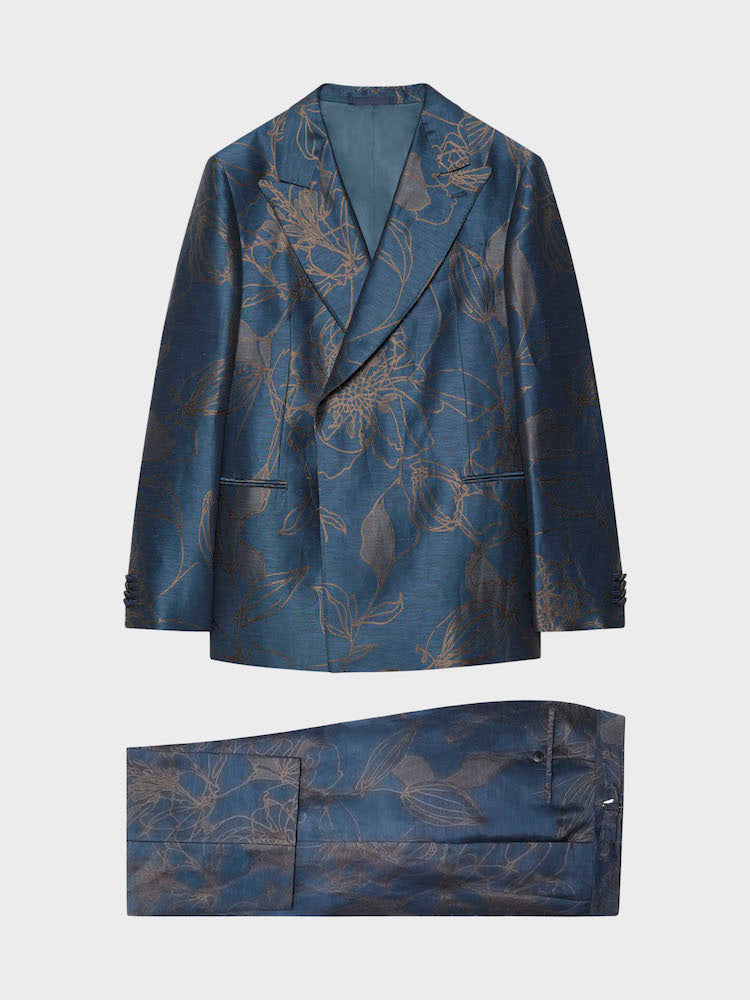 Caruso Menswear Abbigliamento Uomo Abiti Abito norma doppiopetto jacquard in lino e seta blu look 2