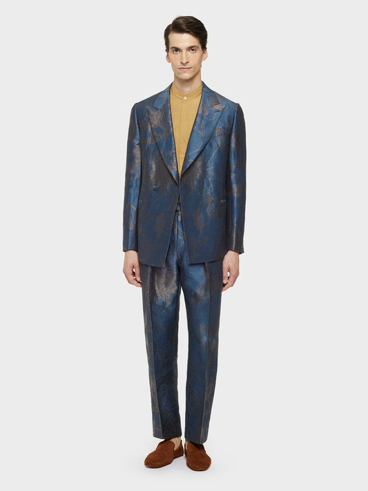 Caruso Menswear Abbigliamento Uomo Abiti Abito norma doppiopetto jacquard in lino e seta blu look 1