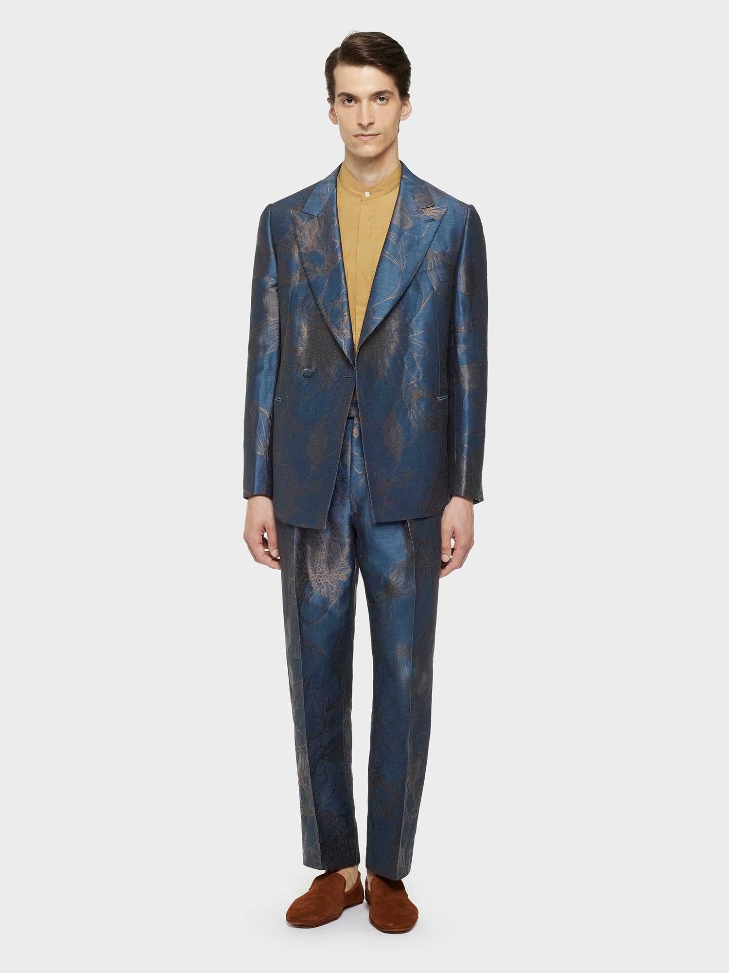 Caruso Menswear Abbigliamento Uomo Abiti Abito norma doppiopetto jacquard in lino e seta blu look 1