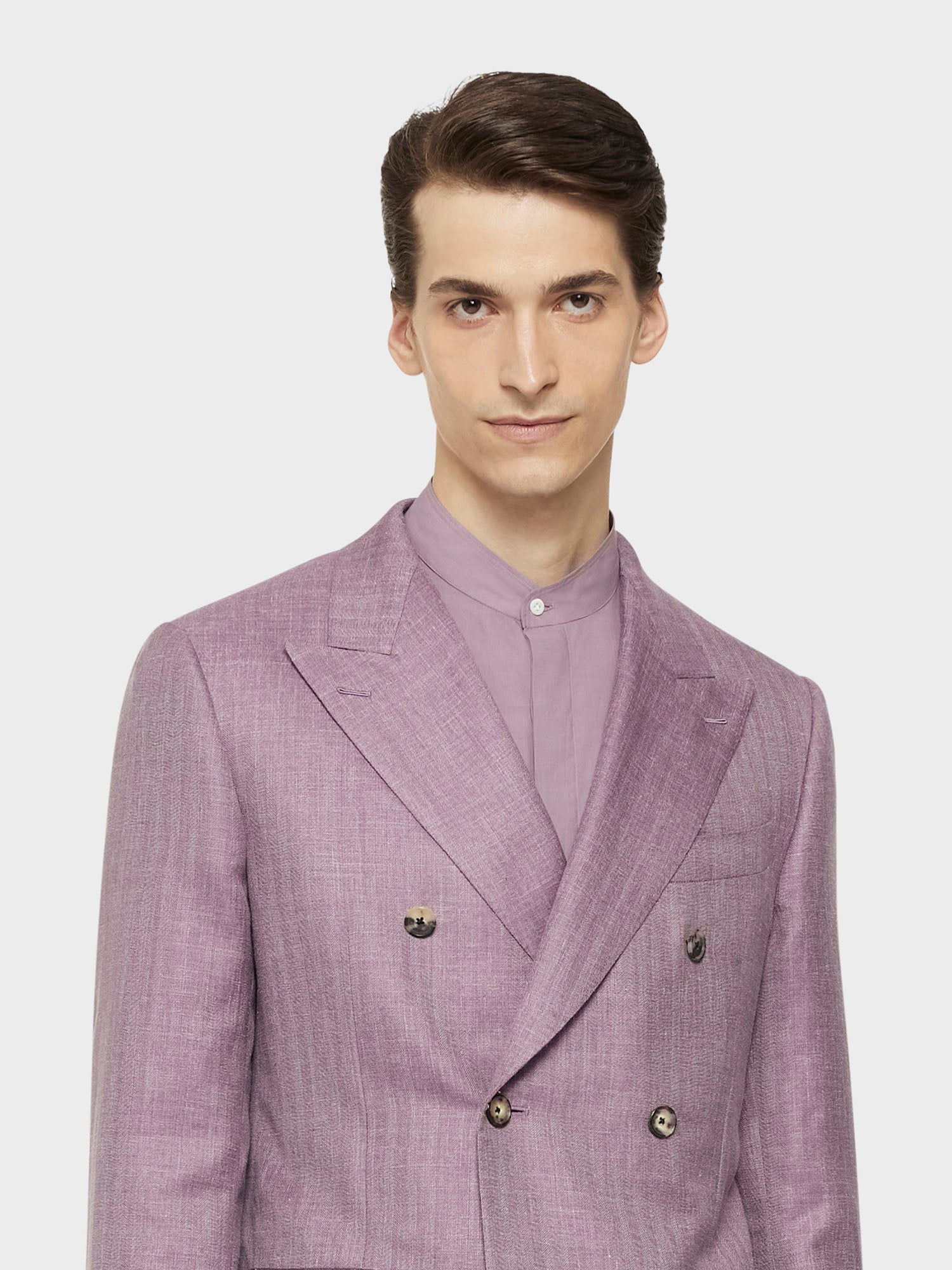 Caruso Menswear Abbigliamento Uomo Giacche Giacca norma doppiopetto in lana seta e lino malva look 5