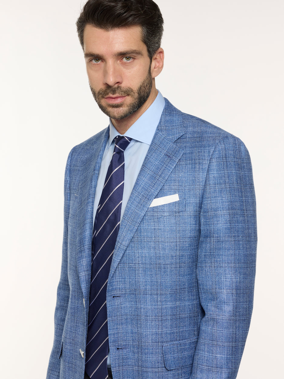 Caruso Menswear Abbigliamento Uomo Giacche Giacca macbeth in lana seta lino quadri azzurra look 7