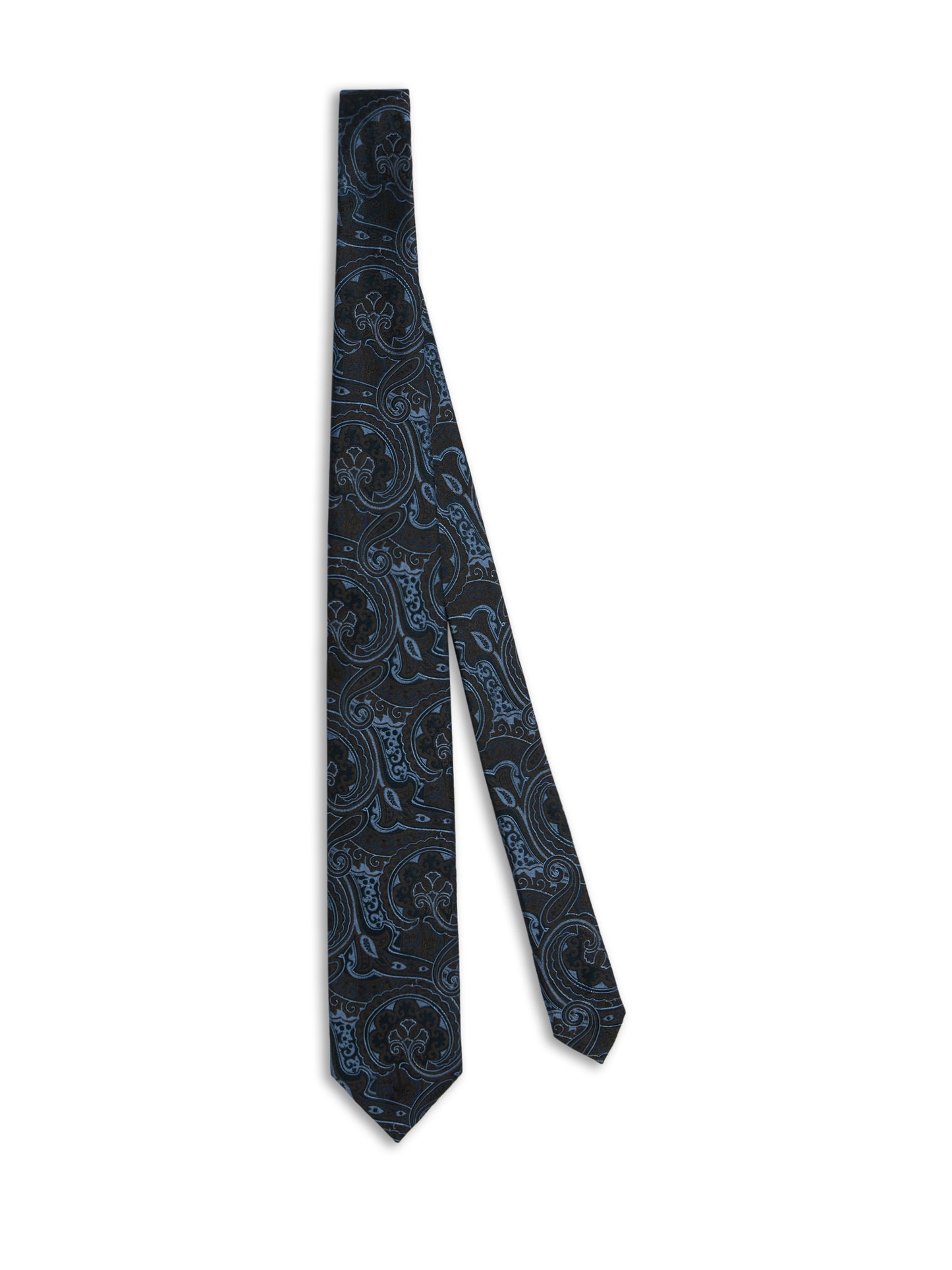 Seven-fold tie in blue silk with a paisley motif