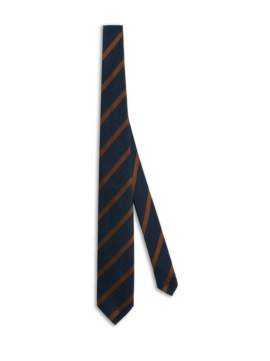 Seven-fold tie in blue wool, cotton and silk with a regimental motif