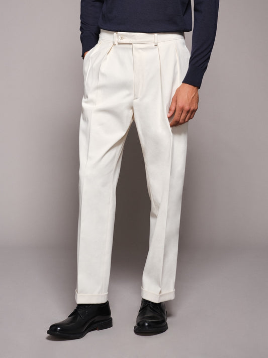 High-waisted trousers in white cotton gabardine