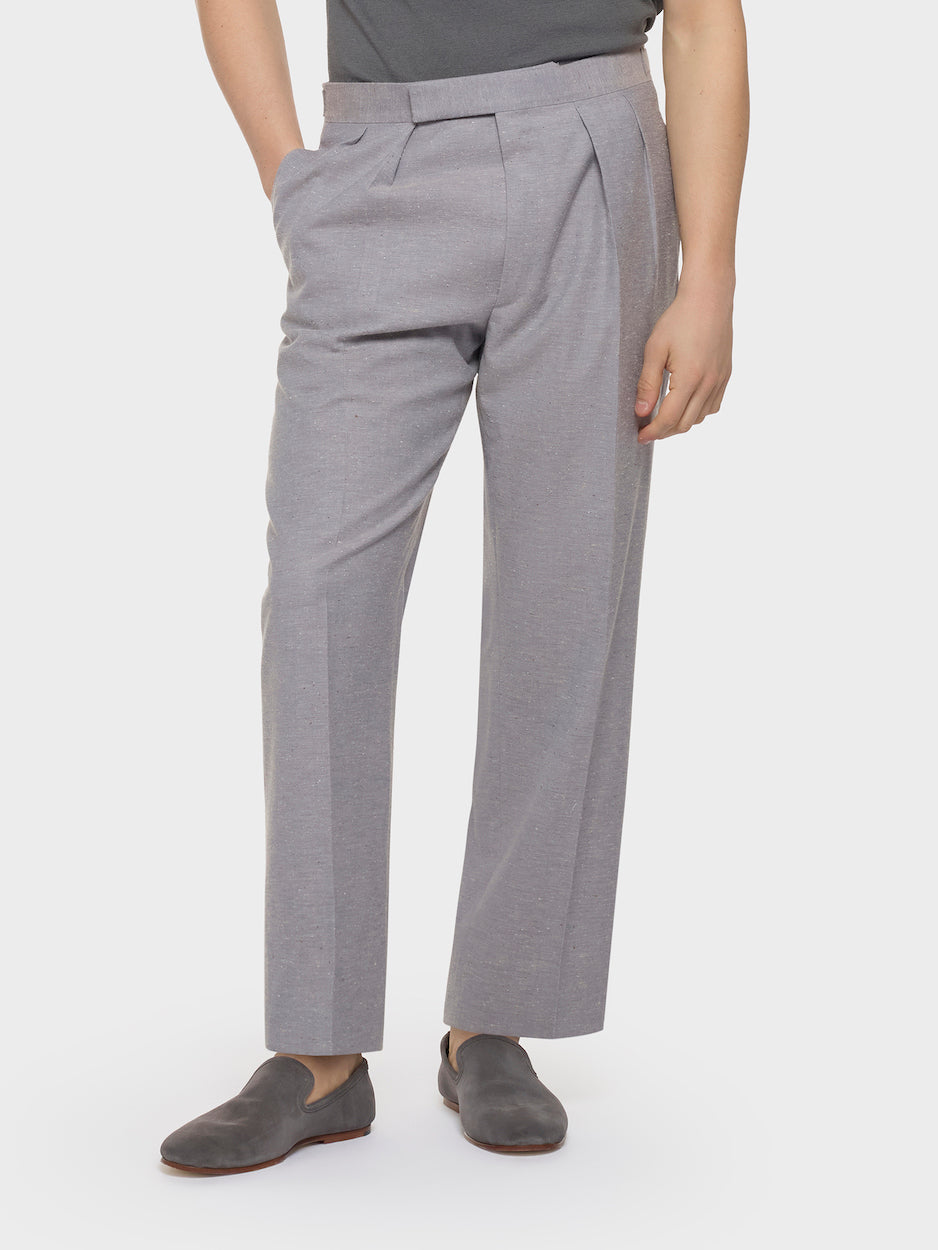 Caruso Menswear Abbigliamento Uomo Pantaloni Pantalone vita alta in lana cotone seta grigia look 3