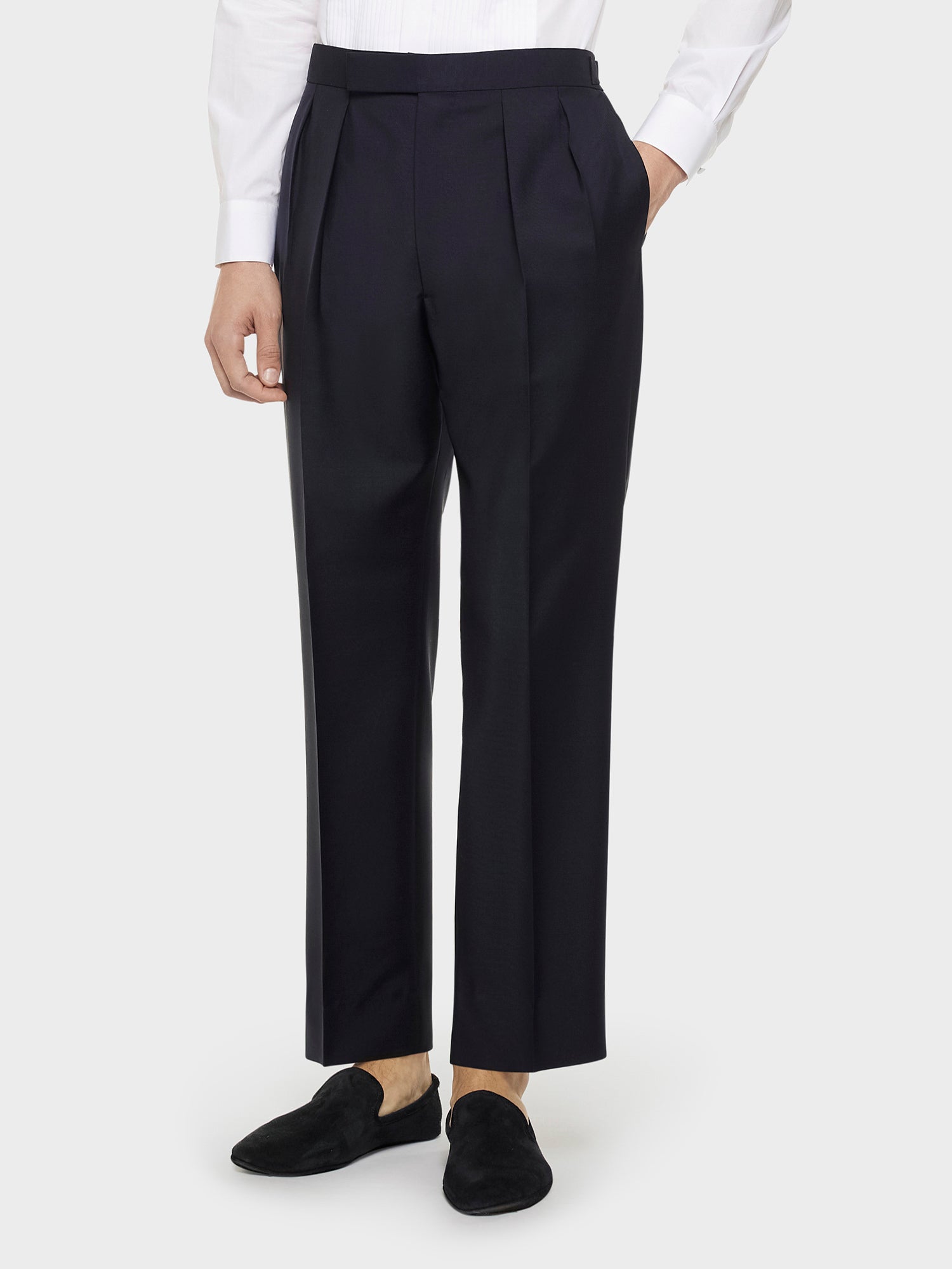 Caruso Menswear Abbigliamento Uomo Pantaloni Pantalone a vita alta in lana e mohair blu navy look 1