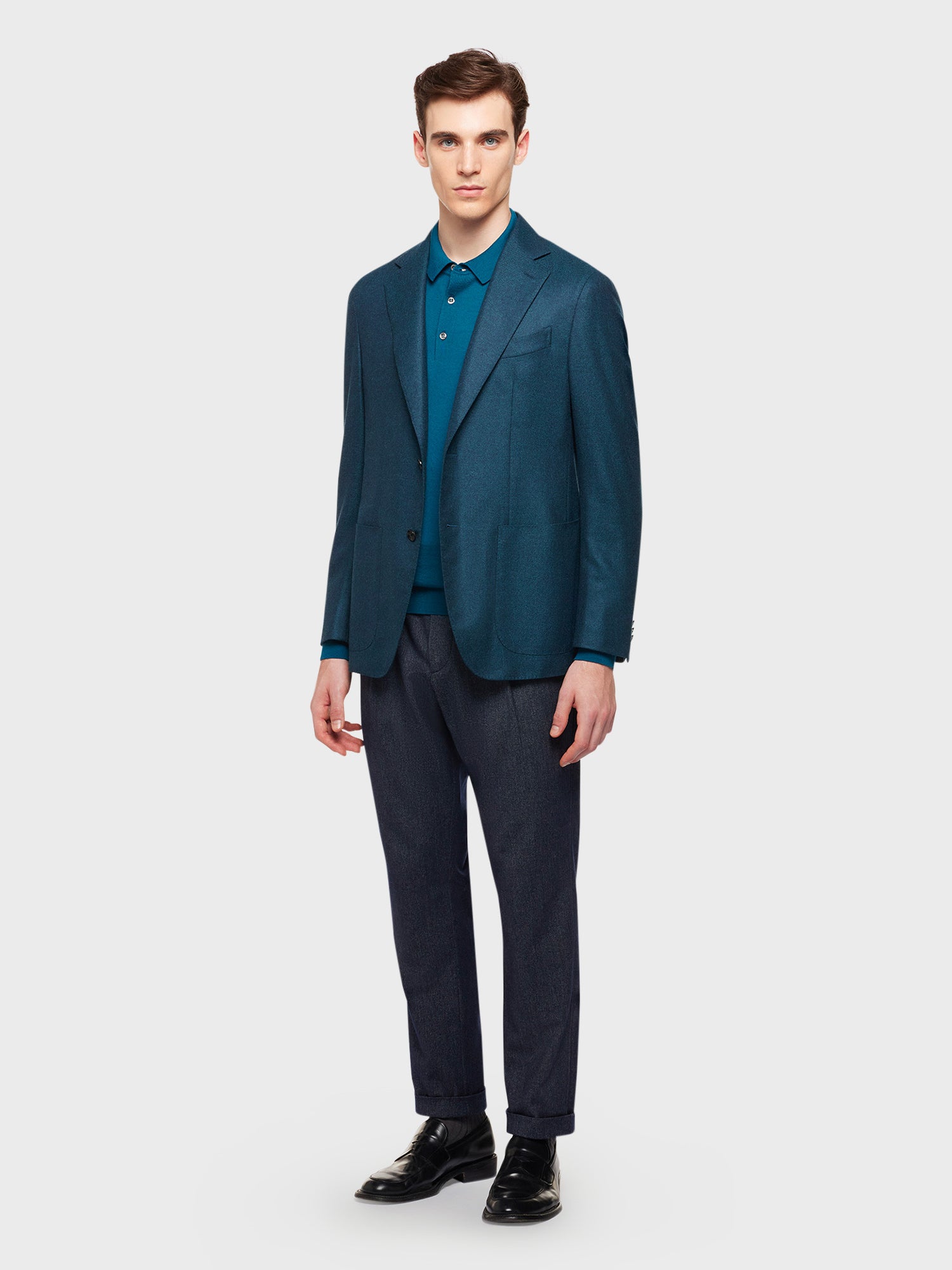 Caruso Menswear Abbigliamento Uomo Polo a maniche lunghe in lana, seta e cashmere blu petrolio total look
