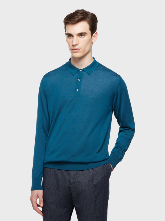 Caruso Menswear Abbigliamento Uomo Polo a maniche lunghe in lana, seta e cashmere blu petrolio indossato front