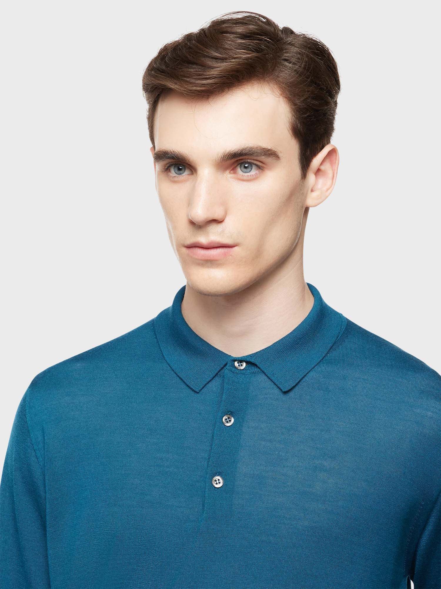 Caruso Menswear Abbigliamento Uomo Polo a maniche lunghe in lana, seta e cashmere blu petrolio dettaglio