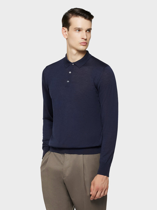 Caruso Menswear Abbigliamento Uomo Maglieria Polo a manica lunga in lana, seta e cashmere blu look 1