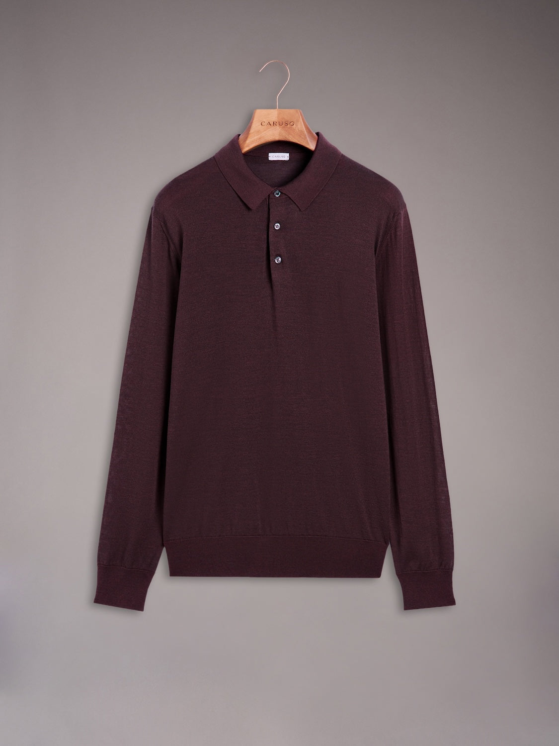 Long-sleeve polo in burgundy wool, silk and cashmere