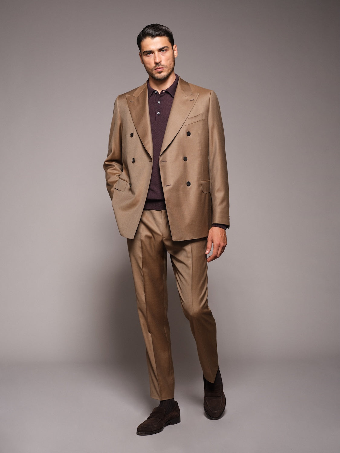 Long-sleeve polo in burgundy wool, silk and cashmere