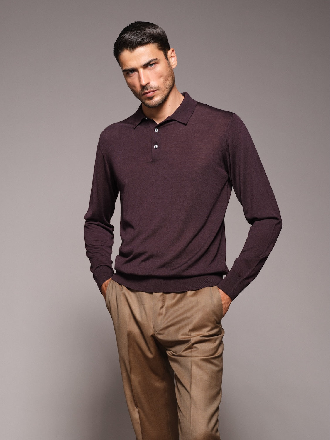 Long-sleeve polo in burgundy wool, silk and cashmere