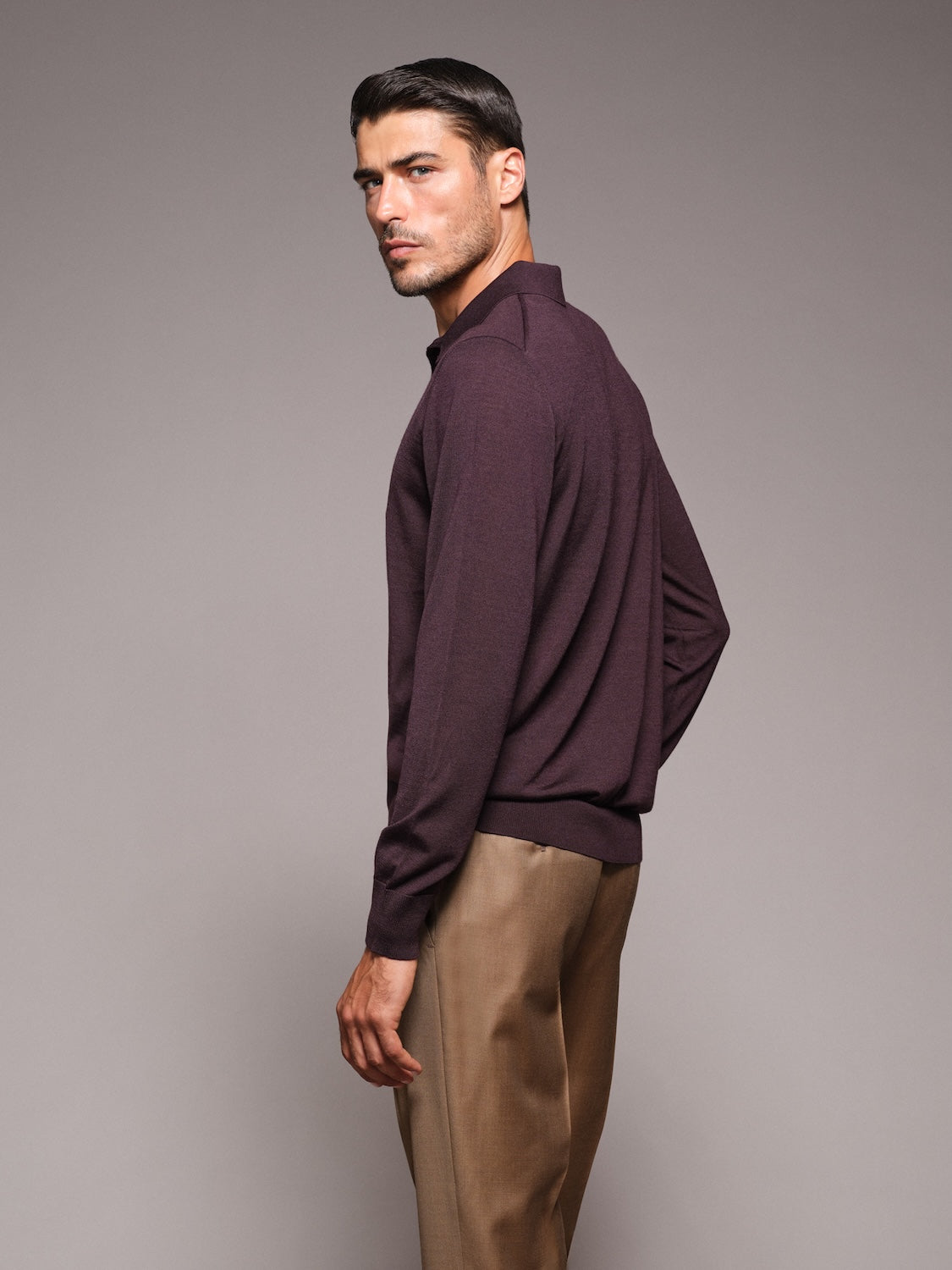 Long-sleeve polo in burgundy wool, silk and cashmere