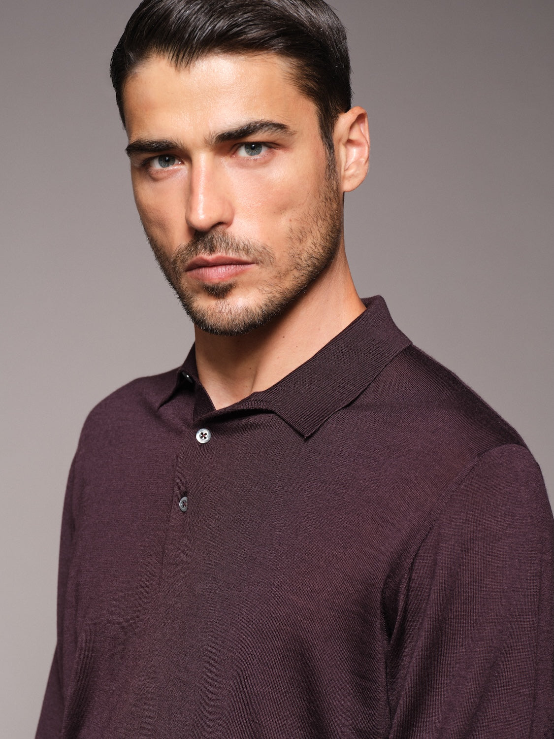 Long-sleeve polo in burgundy wool, silk and cashmere