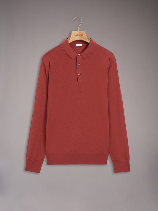 Polo a maniche lunghe in lana, seta e cashmere rossa