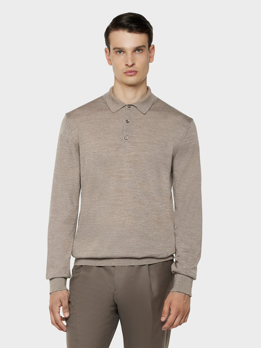 Caruso Menswear Abbigliamento Uomo Maglieria Polo a manica lunga in lana, seta e cashmere beige look 1