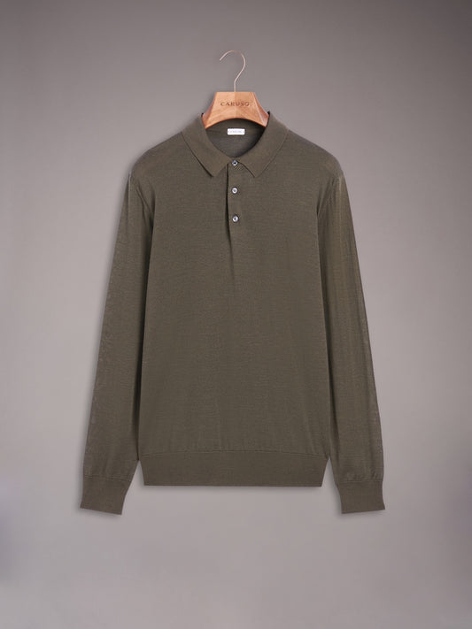 Long-sleeve polo in green wool, silk and cashmere