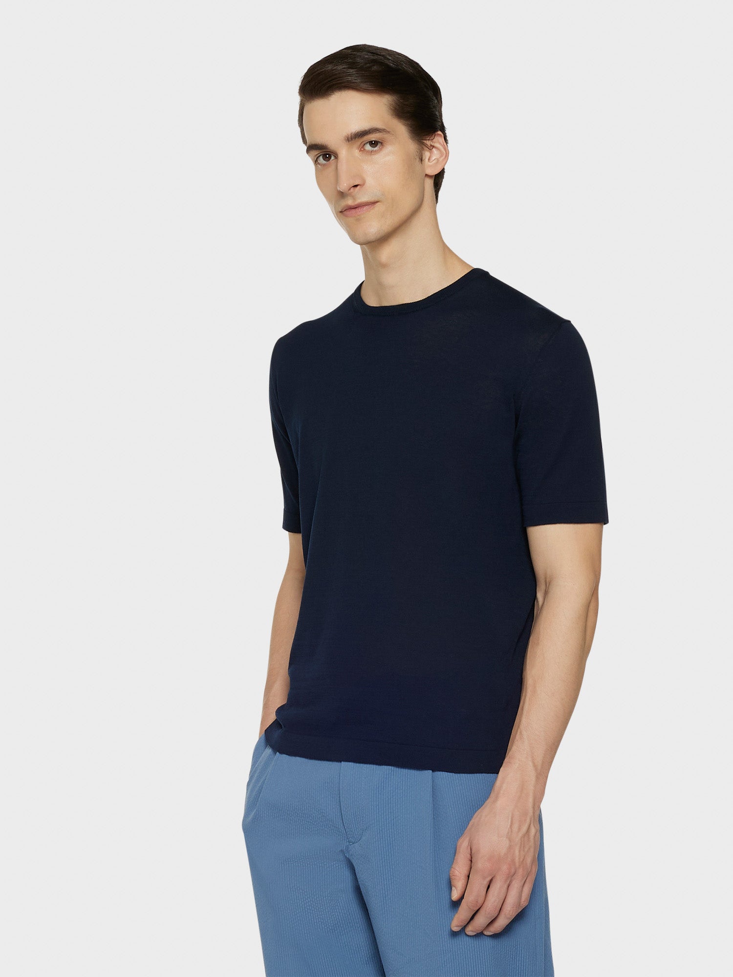 Caruso Menswear Abbigliamento Uomo Maglieria Maglia a maniche corte in cotone blu navy look 1