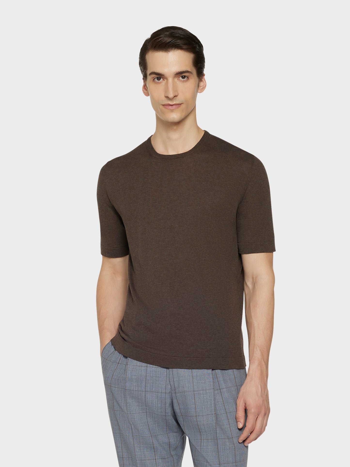 Caruso Menswear Abbigliamento Uomo Maglieria Maglia a maniche corte in cotone marrone look 1