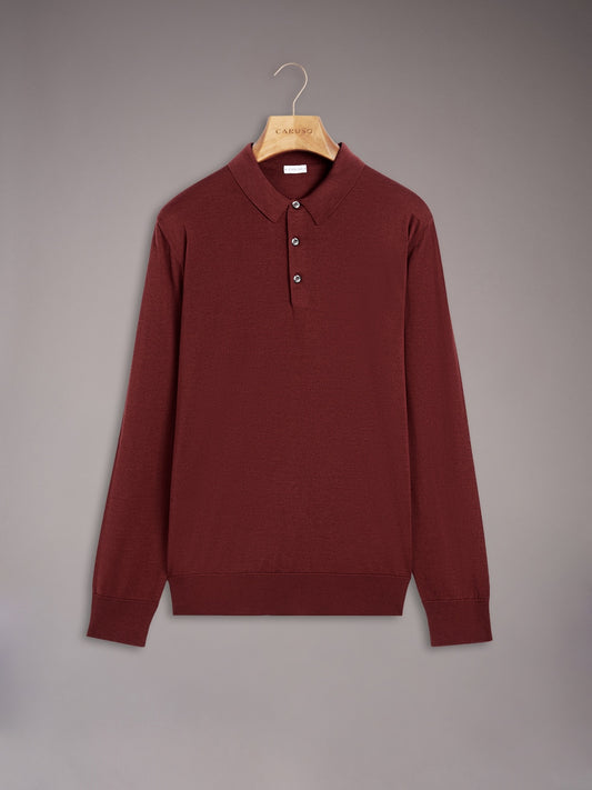 Polo a maniche lunghe in seta e cotone bordeaux