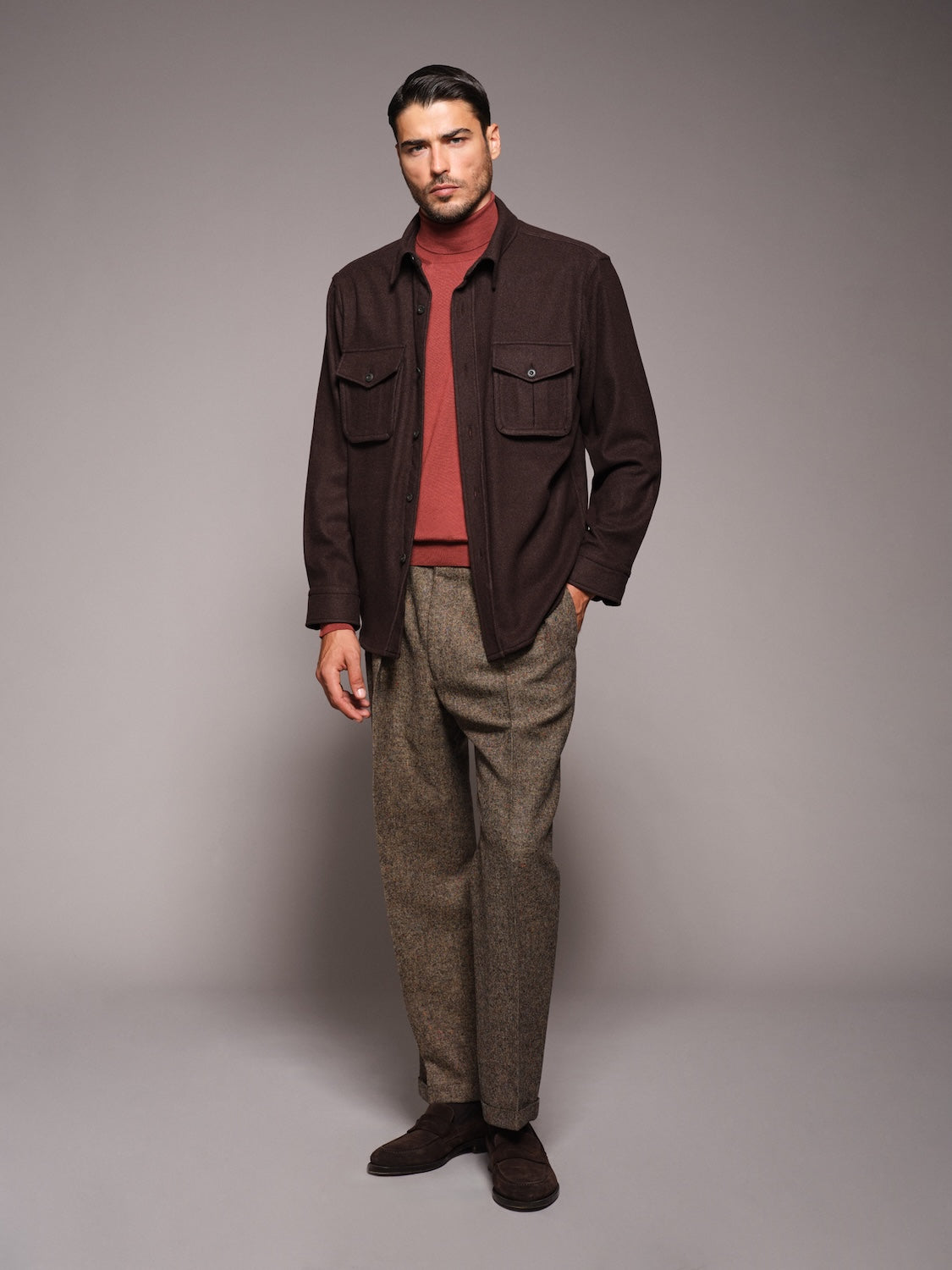 Overshirt in dark brown 180s' wool