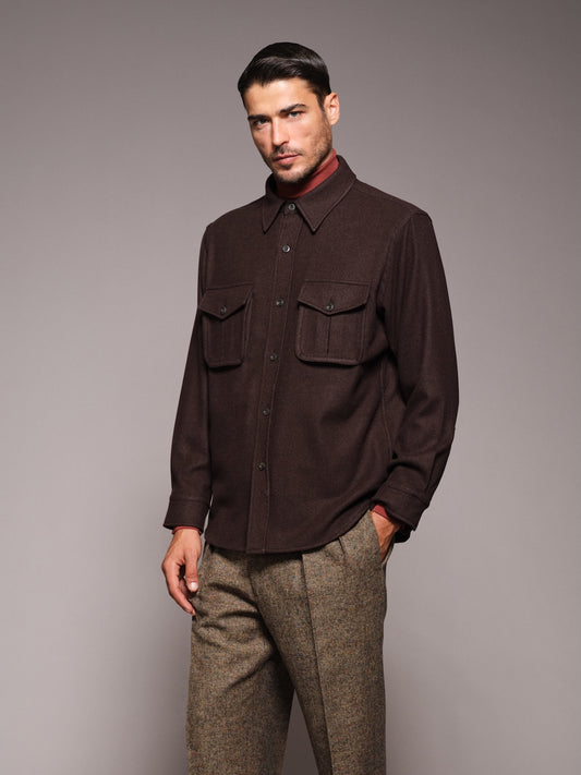 Overshirt in dark brown 180s' wool