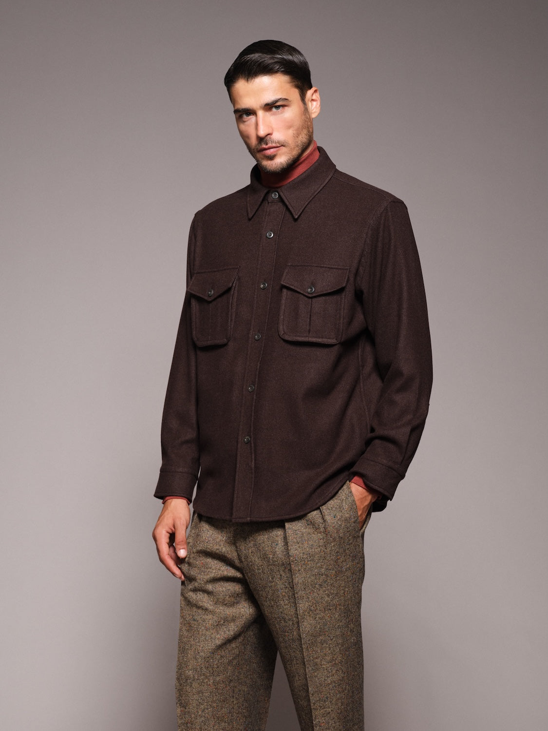 Overshirt in dark brown 180s' wool