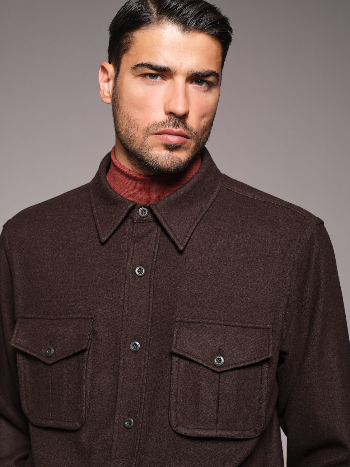 Overshirt in dark brown 180s' wool