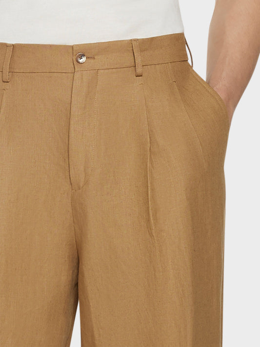Caruso Menswear Abbigliamento Uomo Pantaloni Pantalone ampio in lino irlandese color cammello look 5