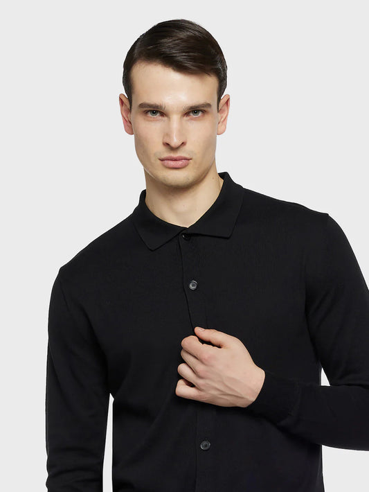 Long sleeve cardigan polo in silk and cotton black