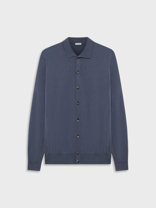 Long sleeve cardigan polo in silk and cotton blue