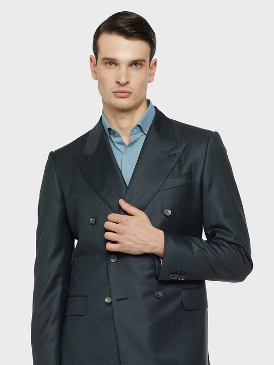 Carmen double-breasted suit in superfine 150's wool green