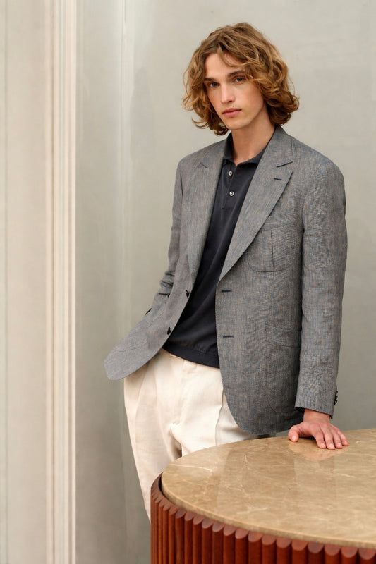 Caruso Jacket in Silk and Linen Light Blue