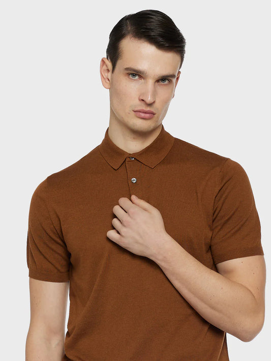 Short sleeve polo in silk and cotton beige
