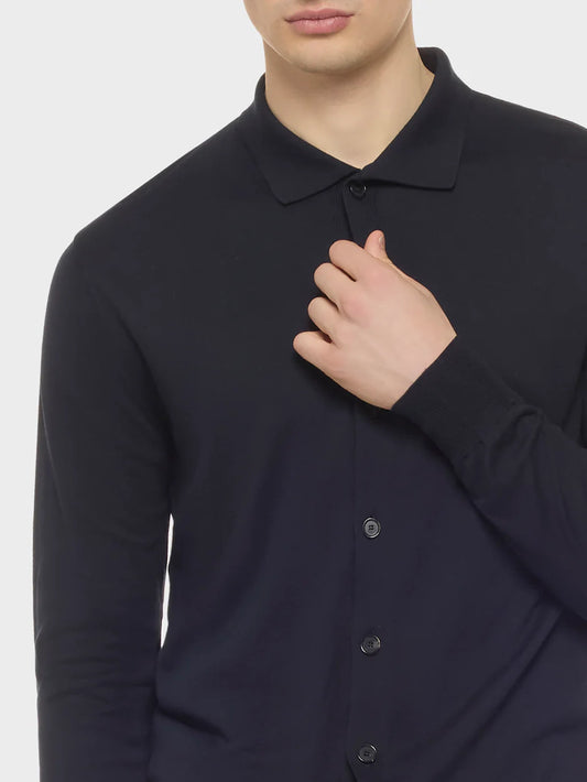 Polo cardigan a maniche lunghe in seta e cotone blu